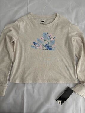 adidas Cream Long-Sleeve Graphic Tee with Pastel Blue & Pink Design